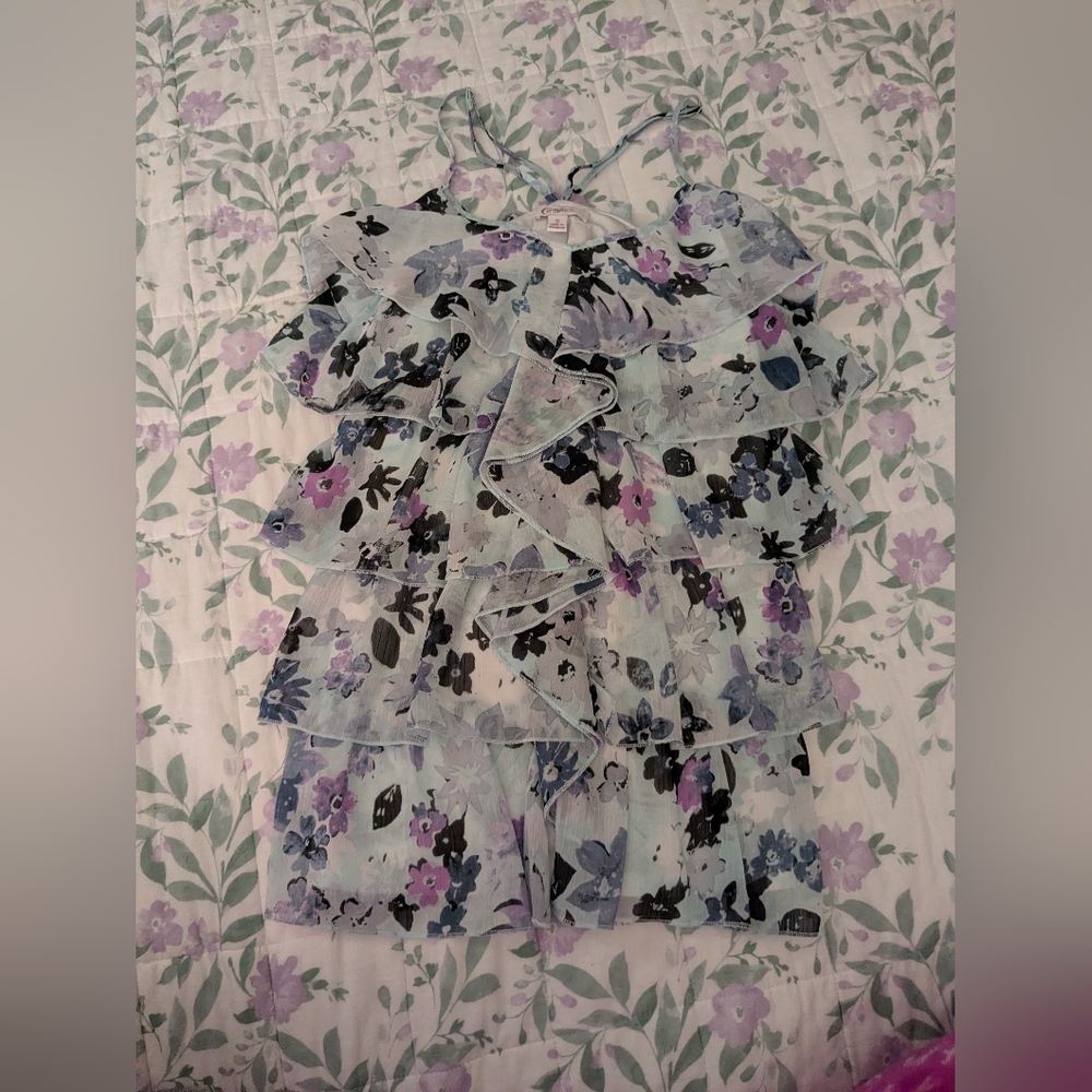 Candie's Small Blue And White Floral Ruffle Top